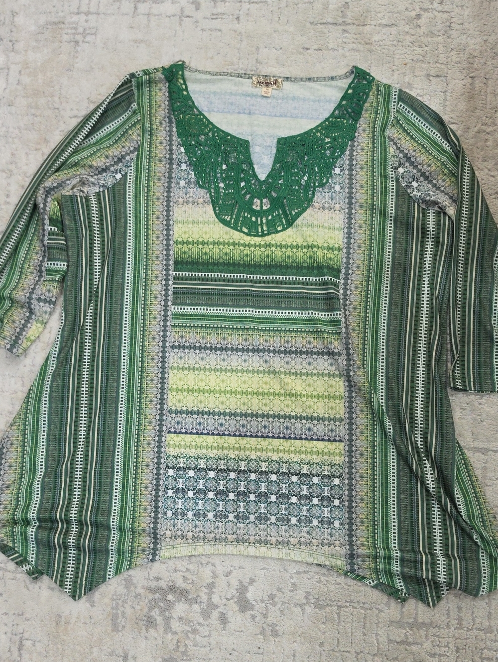 ONE WORLD Green Multi-Stripe Crochet-Trim Tunic